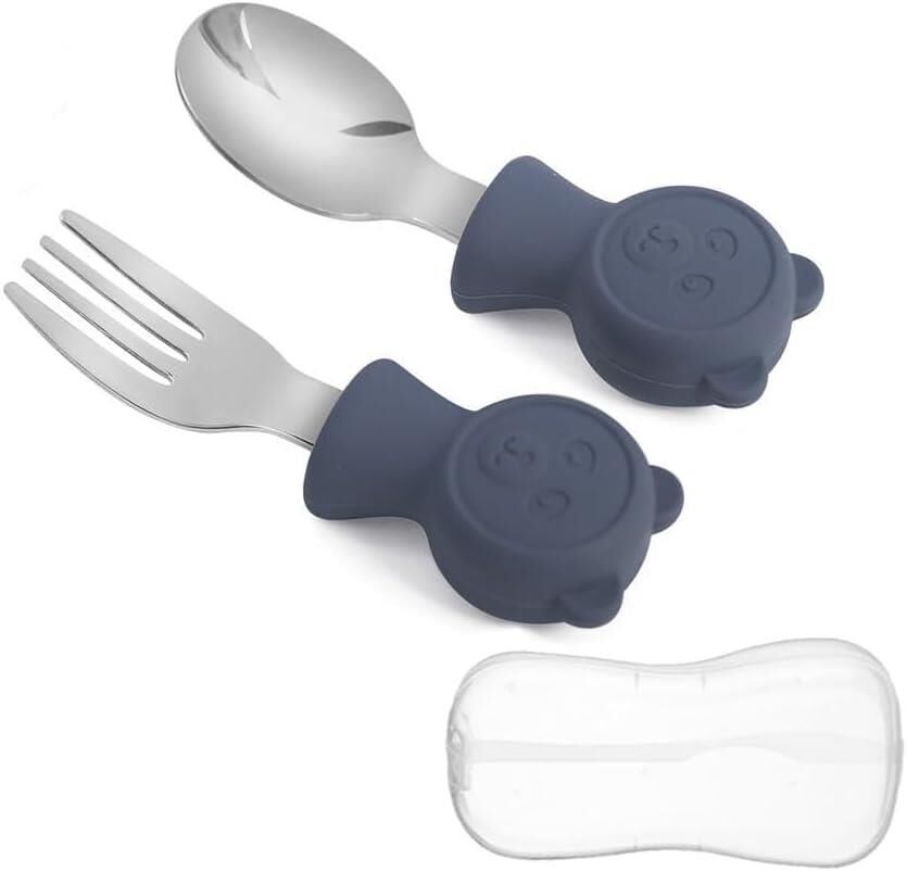 Valkyrie 304 Çelik Panda Bebek Kaşık Çatal SetiSilikon Saplı BPA İçermez Ergonomik Kaymaz Lacivert