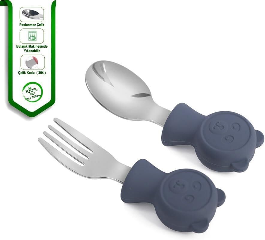 Valkyrie 304 Çelik Panda Bebek Kaşık Çatal SetiSilikon Saplı BPA İçermez Ergonomik Kaymaz Lacivert