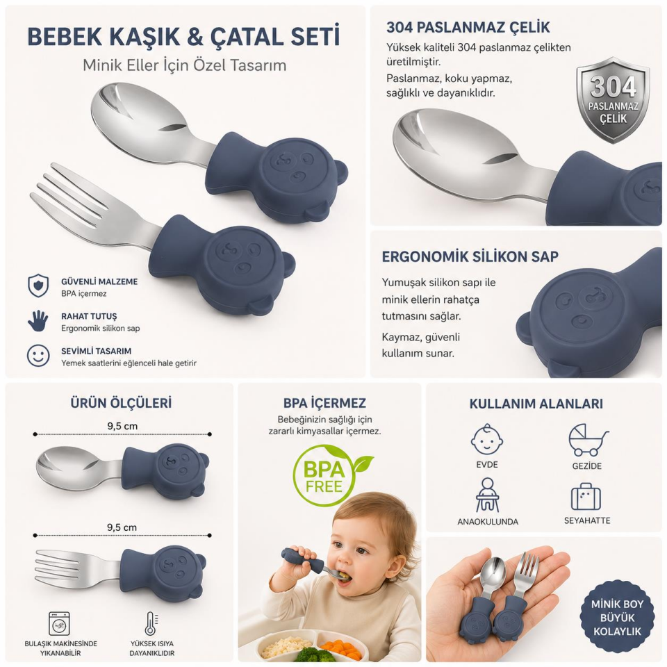 Valkyrie 304 Çelik Panda Bebek Kaşık Çatal SetiSilikon Saplı BPA İçermez Ergonomik Kaymaz Lacivert