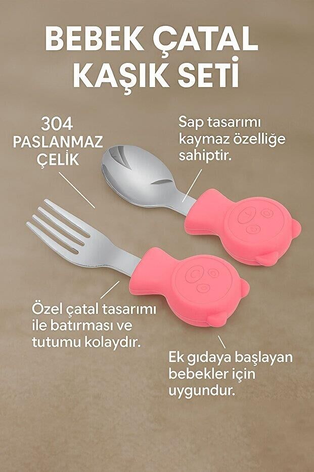 Valkyrie 304 Çelik Panda Bebek Kaşık Çatal SetiSilikon Saplı BPA İçermez Ergonomik Kaymaz Pembe