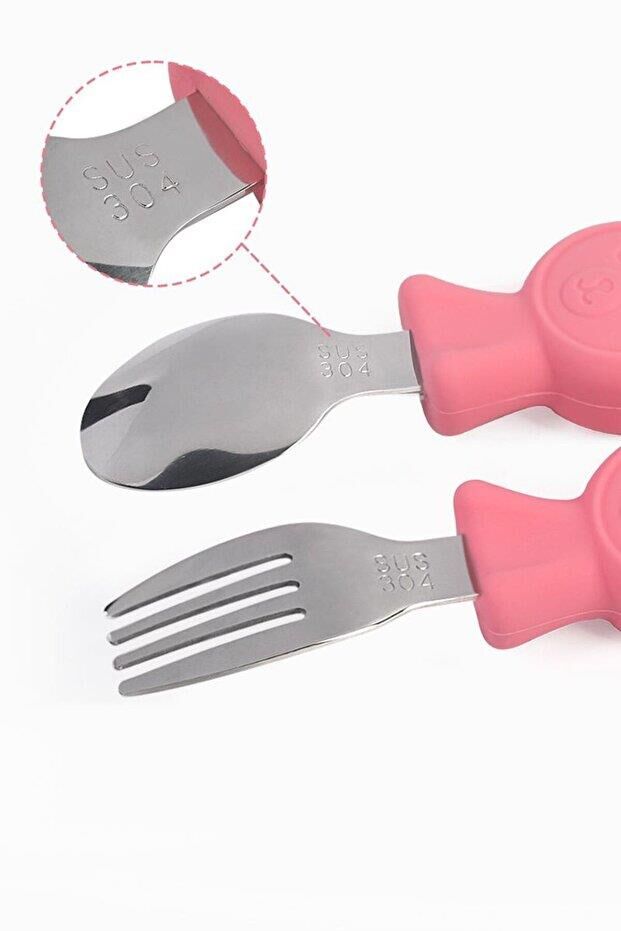 Valkyrie 304 Çelik Panda Bebek Kaşık Çatal SetiSilikon Saplı BPA İçermez Ergonomik Kaymaz Pembe