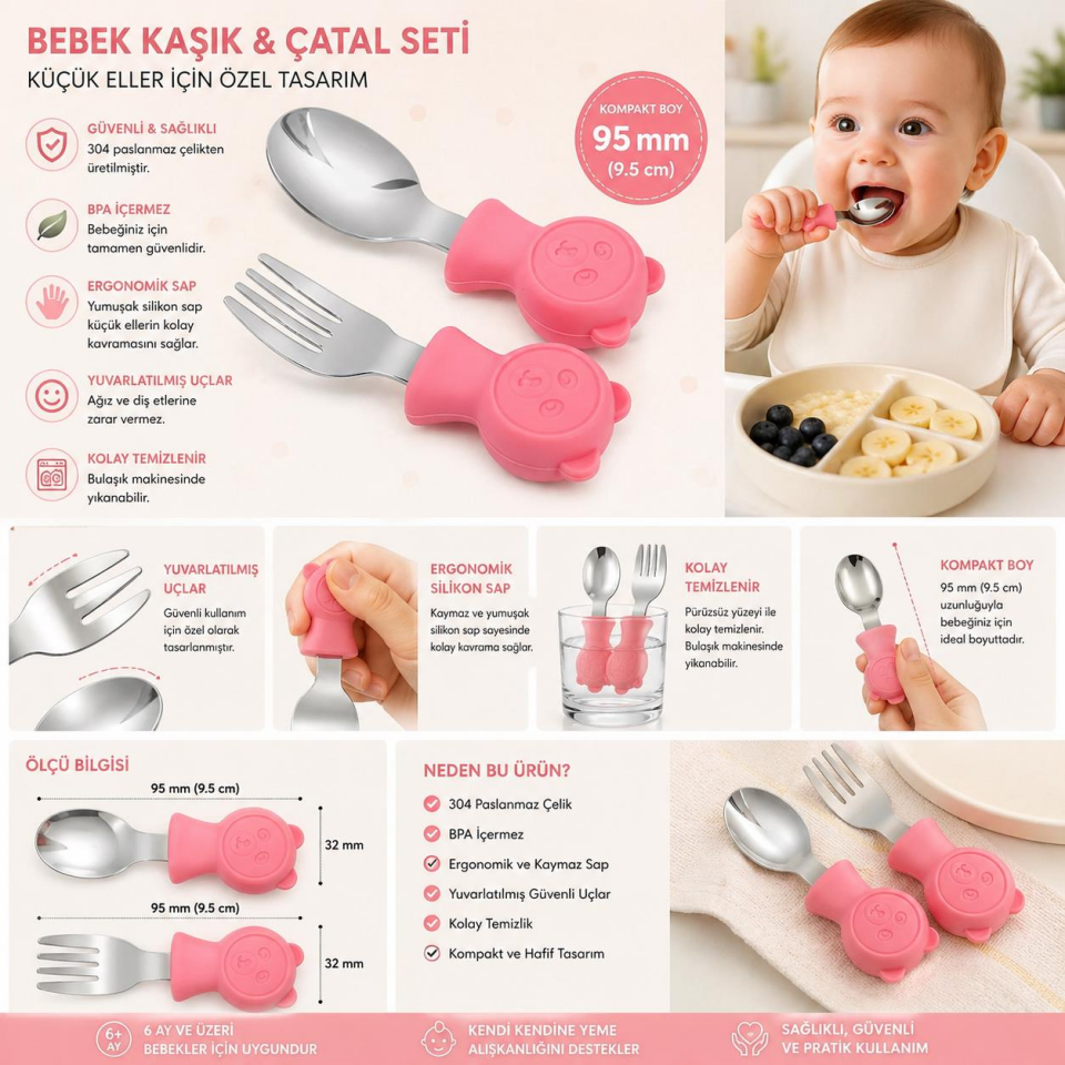 Valkyrie 304 Çelik Panda Bebek Kaşık Çatal SetiSilikon Saplı BPA İçermez Ergonomik Kaymaz Pembe