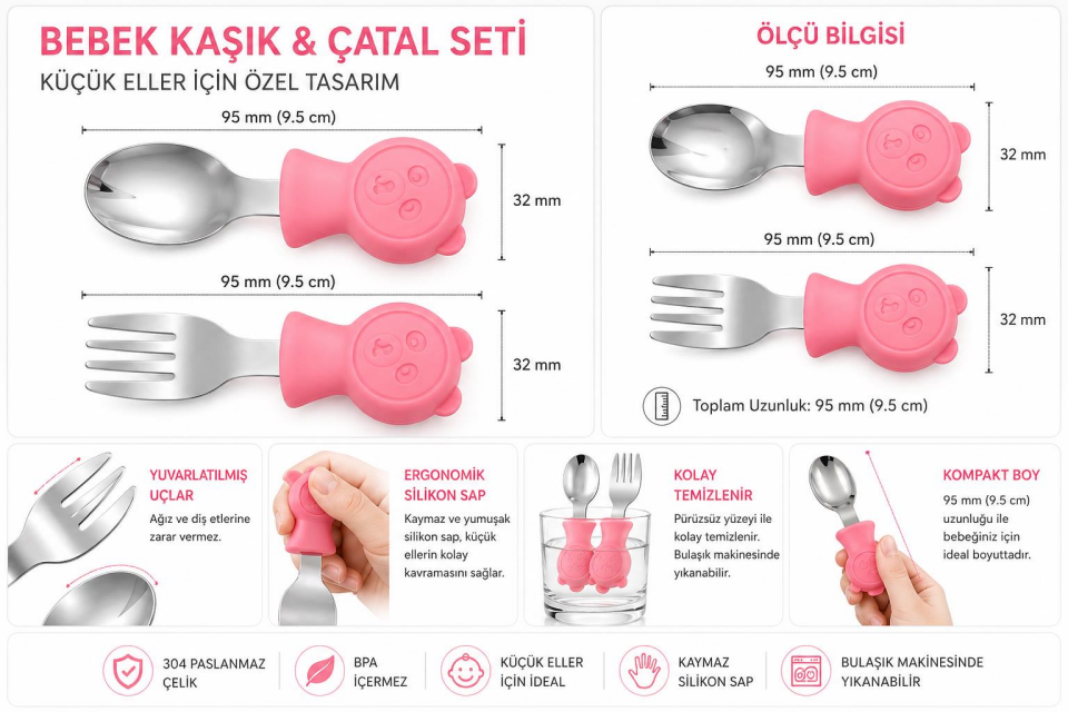 Valkyrie 304 Çelik Panda Bebek Kaşık Çatal SetiSilikon Saplı BPA İçermez Ergonomik Kaymaz Pembe