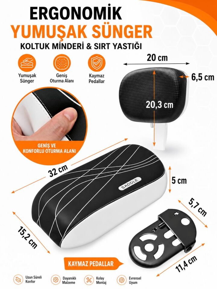 Valkyrie Bisiklet Arka Koltuk Seti Sırt Destekli Sele Minderi Tutma Barı Ayak Pedalı Arka Işıklı