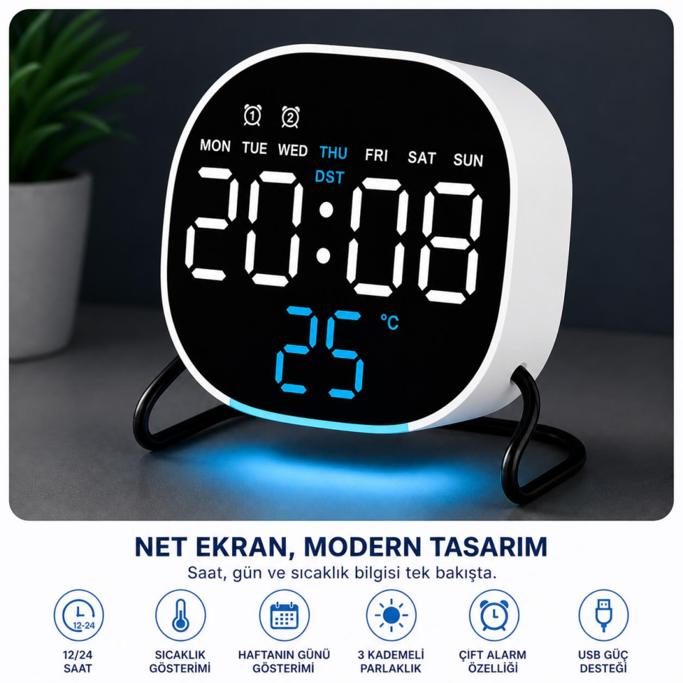 Valkyrie LED Dijital Masa Saati Mavi Derece Çift Alarm Sıcaklık Göstergesi 3 Kademe Parlaklık Modern Saat