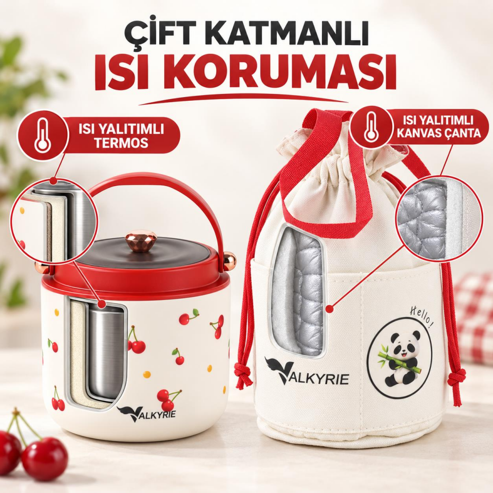 Valkyrie 1200 ML Yalıtımlı Yemek Termosu Seti Paslanmaz Çelik İç Hazneli Yalıtımlı Taşıma Çantalı