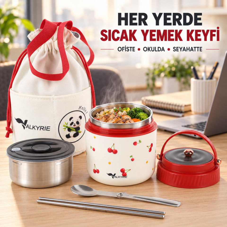Valkyrie 1200 ML Yalıtımlı Yemek Termosu Seti Paslanmaz Çelik İç Hazneli Yalıtımlı Taşıma Çantalı