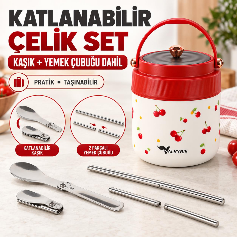 Valkyrie 1200 ML Yalıtımlı Yemek Termosu Seti Paslanmaz Çelik İç Hazneli Yalıtımlı Taşıma Çantalı