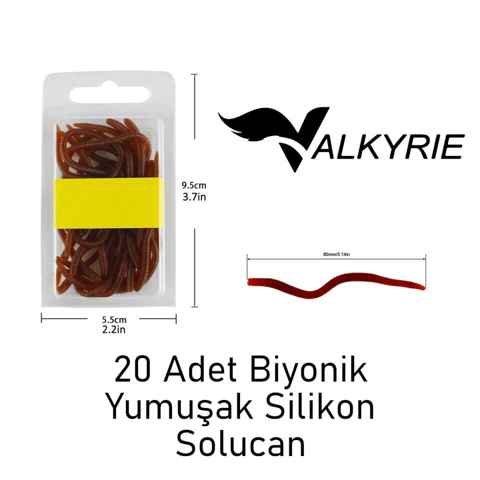Valkyrie 20 Adet Yumuşak Silikon Solucan Yem 8cm Esnek Yapay Balık Yemi – Spin & Tatlı Su Avı