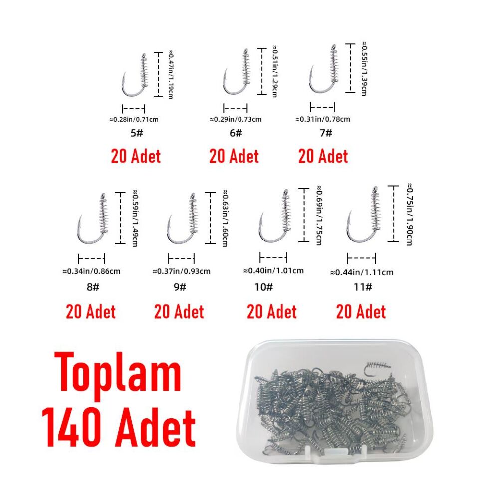 Valkyrie 140 Adet Yaylı Balık İğnesi Seti – Paslanmaz Çelik Yem Tutucu Spiral Kanca (5#-11# Set)
