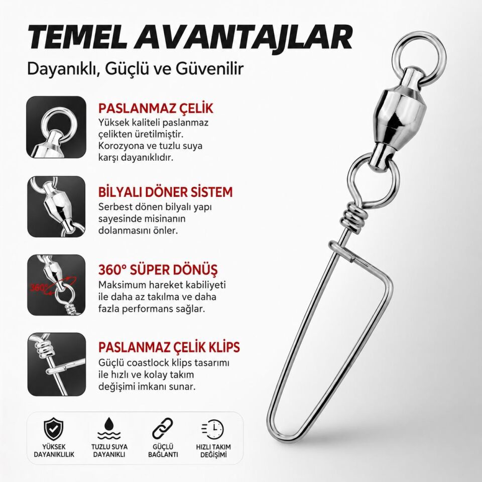 Valkyrie 25 Adet Rulmanlı Döner Klips Coastlock Snap – 360° Paslanmaz Çelik Fırdöndü Set #4