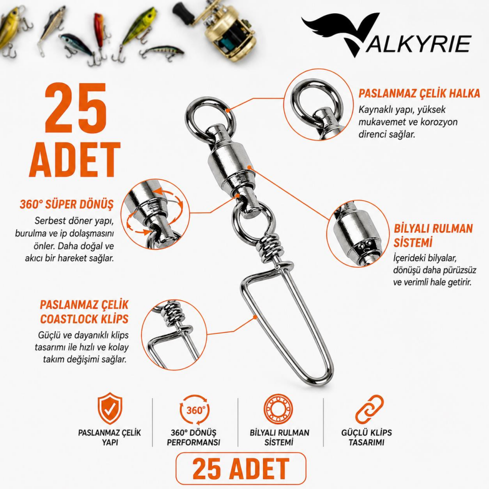 Valkyrie 25 Adet Rulmanlı Döner Klips Coastlock Snap – 360° Paslanmaz Çelik Fırdöndü Set #4