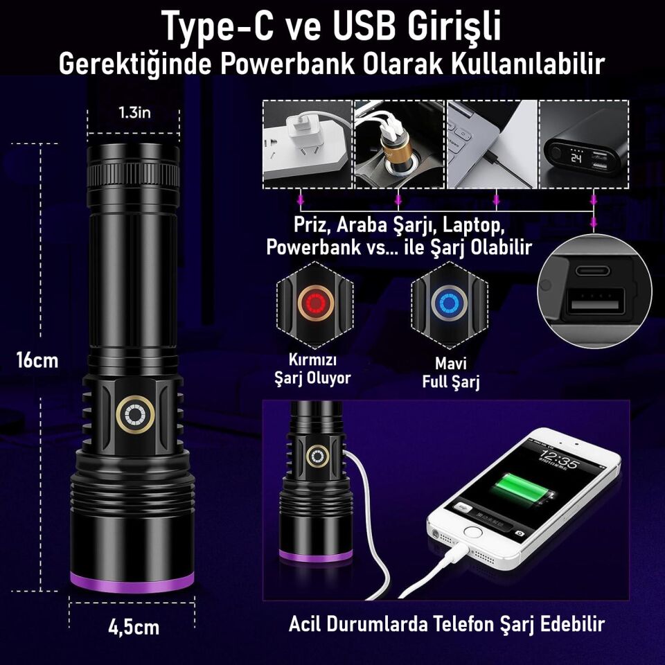 Valkyrie 365nm LED UV El Feneri 20W Güç | 3000mAh Şarjlı Alüminyum Gövde Profesyonel Kullanım