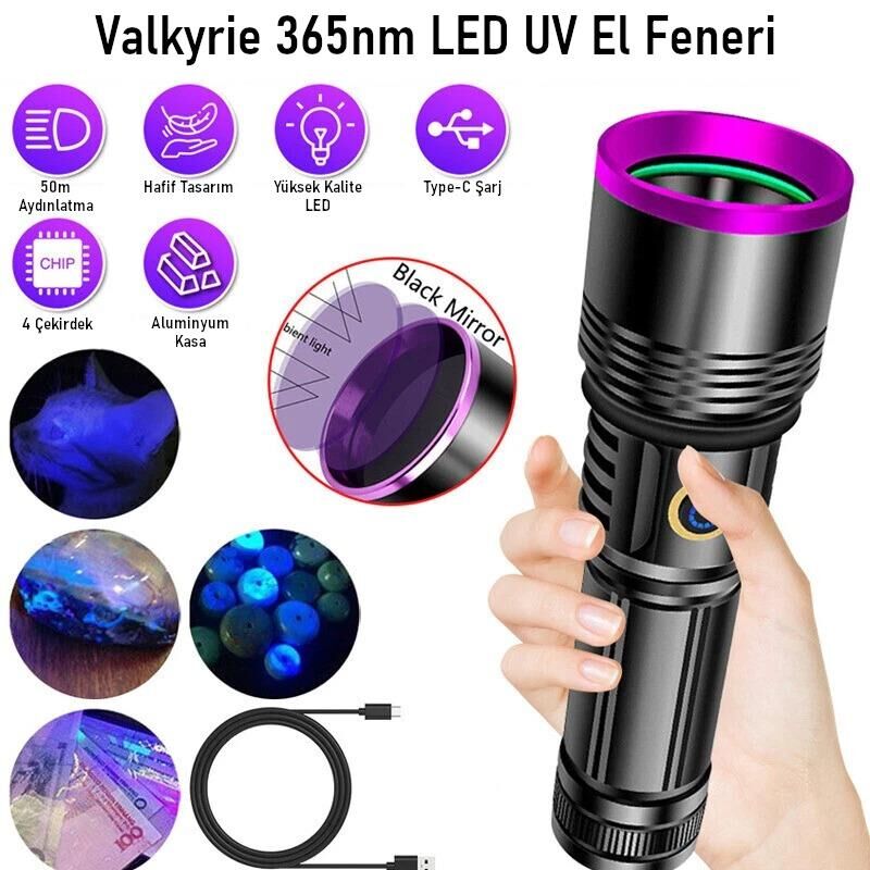 Valkyrie 365nm LED UV El Feneri 20W Güç | 3000mAh Şarjlı Alüminyum Gövde Profesyonel Kullanım