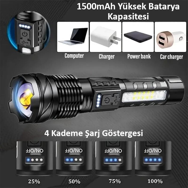 Valkyrie Şarjlı 7 Modlu Ultra Güçlü LED El Feneri Çakarlı Çok Fonksiyonlu Zoom 1500mAh