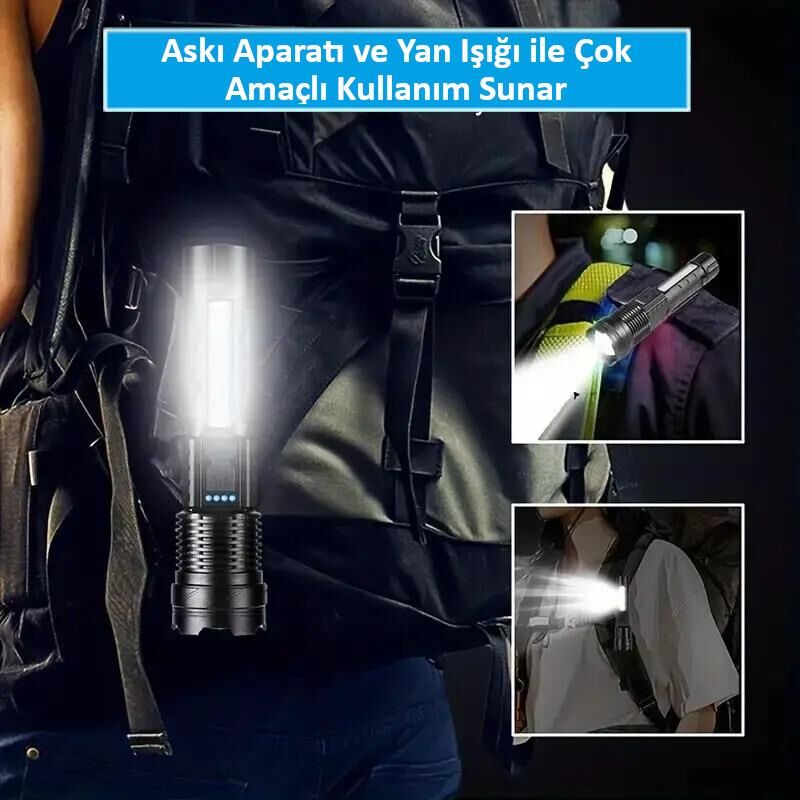 Valkyrie Şarjlı 7 Modlu Ultra Güçlü LED El Feneri Çakarlı Çok Fonksiyonlu Zoom 1500mAh