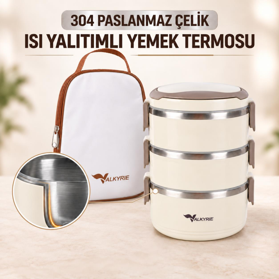 Valkyrie 3 Katlı 304 Paslanmaz Çelik Yemek Termosu Isı Yalıtımlı Sızdırmaz Sefer Tası Termal Çantalı