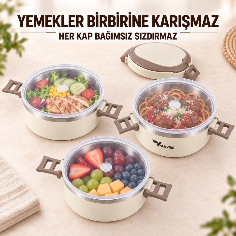 Valkyrie 3 Katlı 304 Paslanmaz Çelik Yemek Termosu Isı Yalıtımlı Sızdırmaz Sefer Tası Termal Çantalı