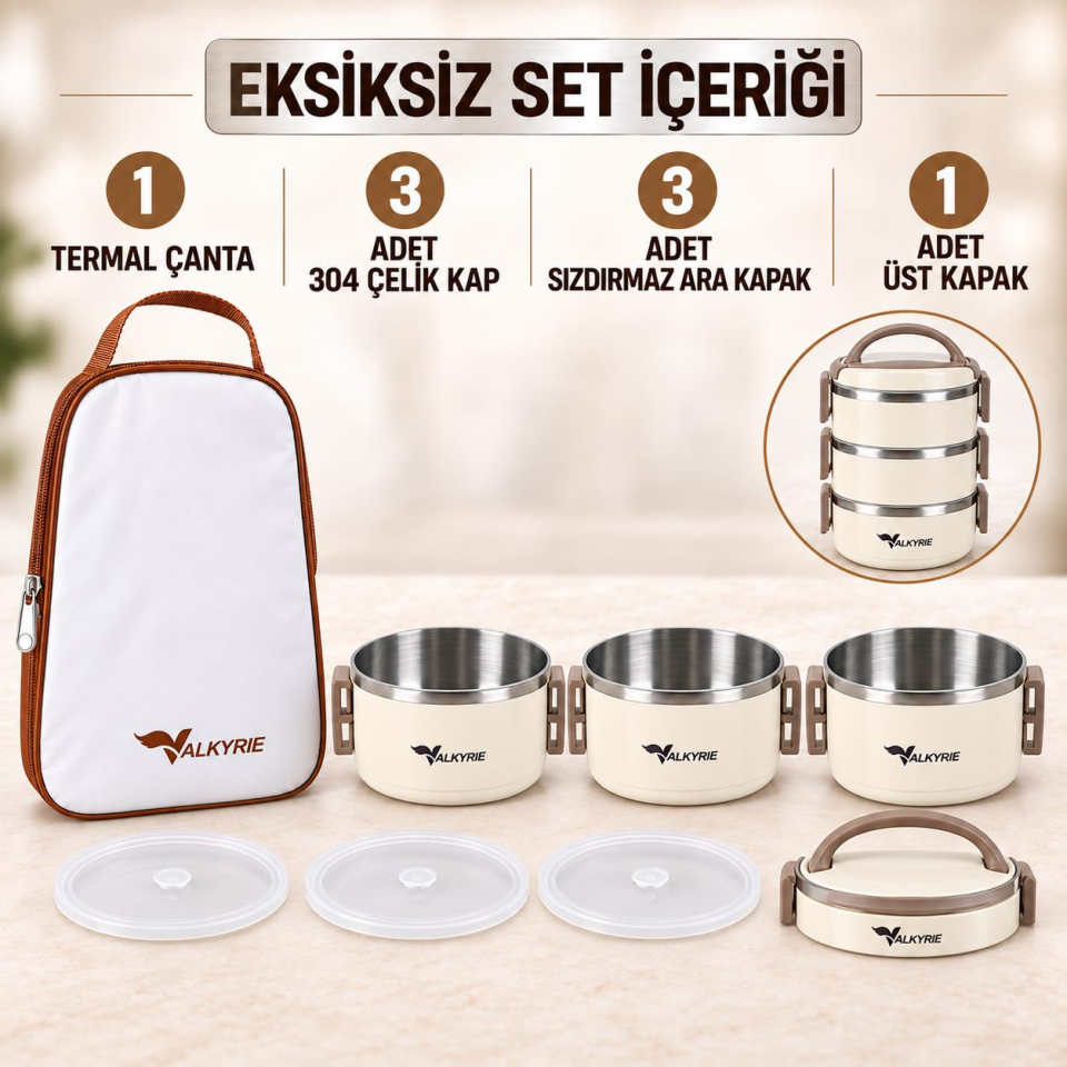 Valkyrie 3 Katlı 304 Paslanmaz Çelik Yemek Termosu Isı Yalıtımlı Sızdırmaz Sefer Tası Termal Çantalı