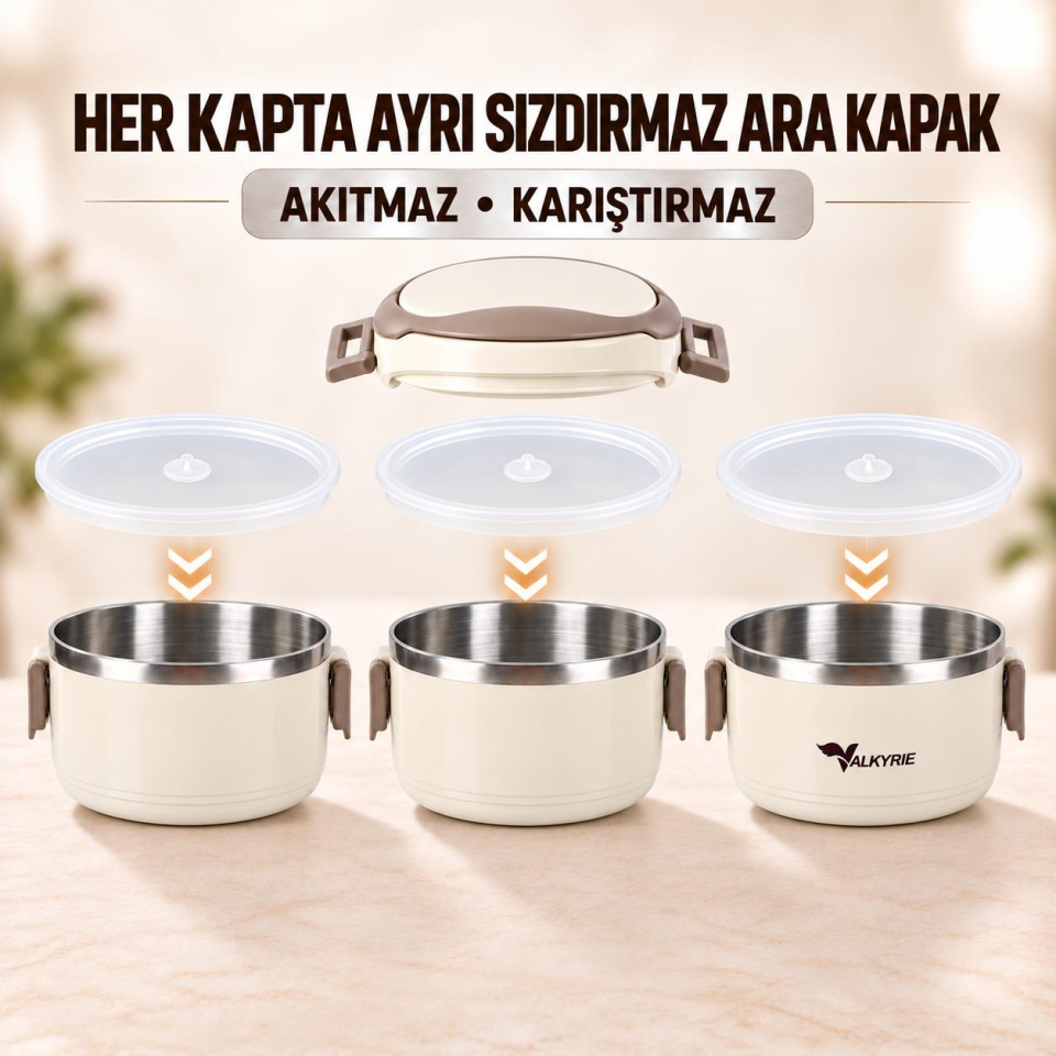 Valkyrie 3 Katlı 304 Paslanmaz Çelik Yemek Termosu Isı Yalıtımlı Sızdırmaz Sefer Tası Termal Çantalı