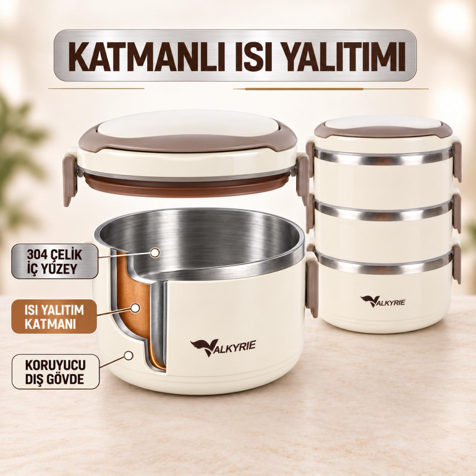 Valkyrie 3 Katlı 304 Paslanmaz Çelik Yemek Termosu Isı Yalıtımlı Sızdırmaz Sefer Tası Termal Çantalı