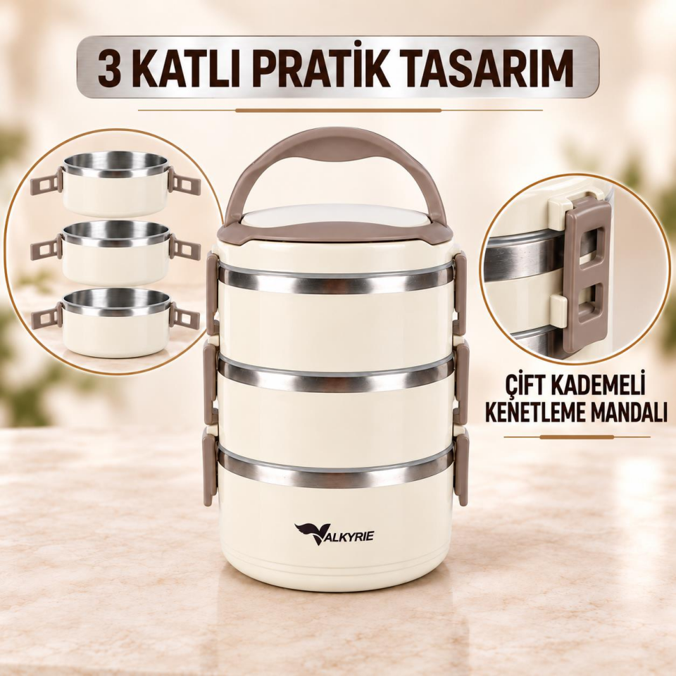 Valkyrie 3 Katlı 304 Paslanmaz Çelik Yemek Termosu Isı Yalıtımlı Sızdırmaz Sefer Tası Termal Çantalı