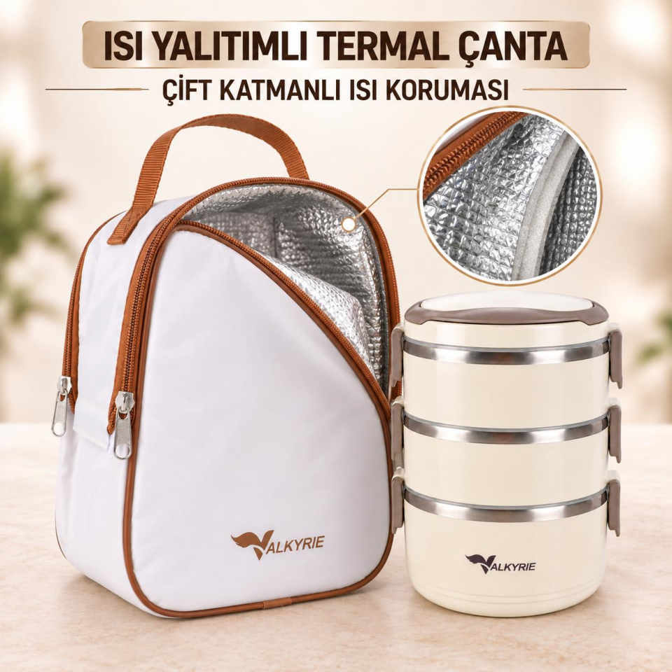 Valkyrie 3 Katlı 304 Paslanmaz Çelik Yemek Termosu Isı Yalıtımlı Sızdırmaz Sefer Tası Termal Çantalı