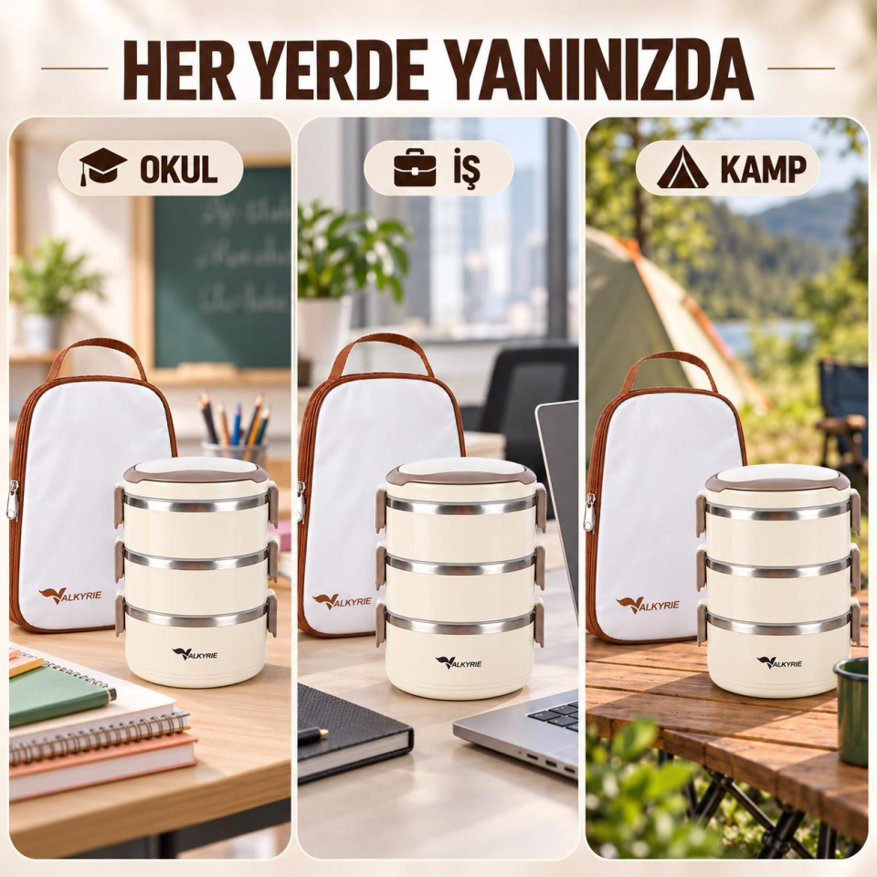 Valkyrie 3 Katlı 304 Paslanmaz Çelik Yemek Termosu Isı Yalıtımlı Sızdırmaz Sefer Tası Termal Çantalı