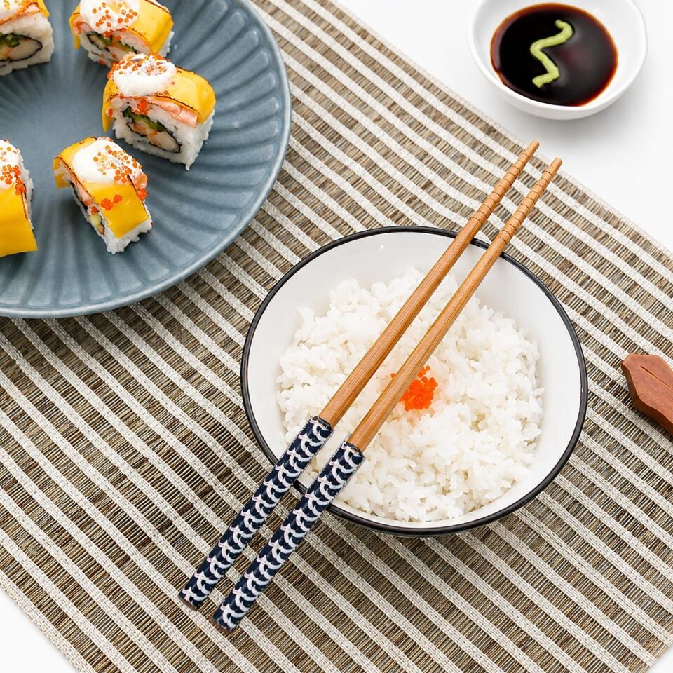 Valkyrie 5 Çift Doğal Ahşap Yemek Çubuğu Seti Japon Desenli Kaymaz Uçlu Kutulu 22,5cm Chopstick Seti