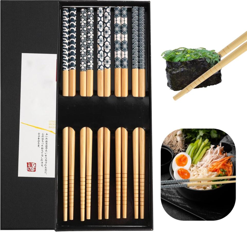 Valkyrie 5 Çift Doğal Ahşap Yemek Çubuğu Seti Japon Desenli Kaymaz Uçlu Kutulu 22,5cm Chopstick Seti