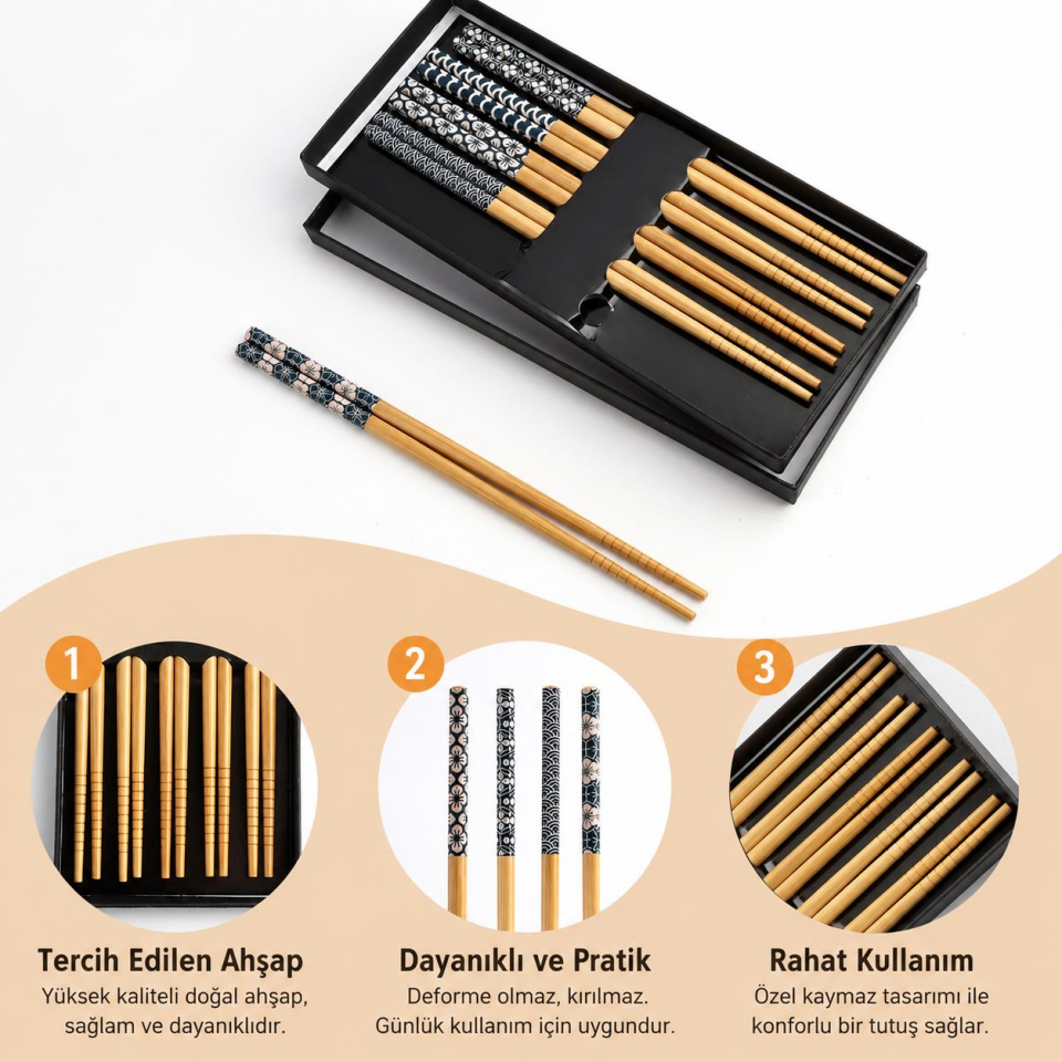 Valkyrie 5 Çift Doğal Ahşap Yemek Çubuğu Seti Japon Desenli Kaymaz Uçlu Kutulu 22,5cm Chopstick Seti