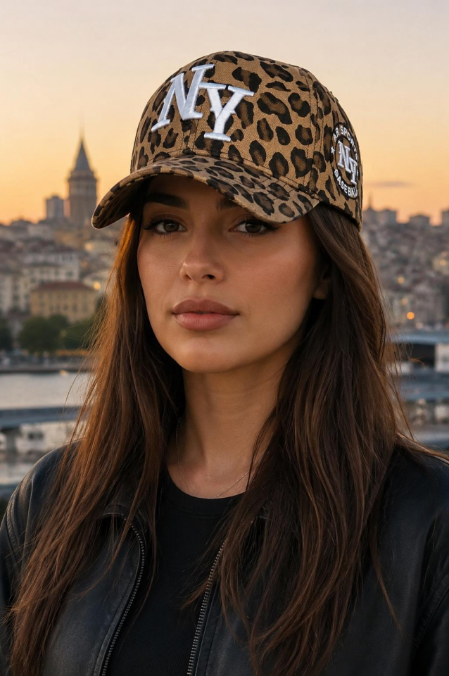 Valkyrie Koyu Leopar Desenli NY Nakışlı Unisex Şapka Ayarlanabilir %100 Pamuk Spor Günlük Şapka
