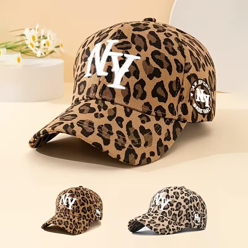 Valkyrie Koyu Leopar Desenli NY Nakışlı Unisex Şapka Ayarlanabilir %100 Pamuk Spor Günlük Şapka