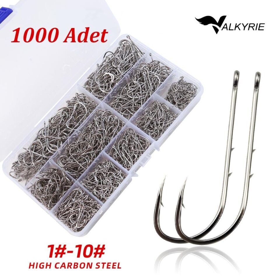 Valkyrie 1000 Adet Olta İğnesi Seti 1#-10# – Yüksek Karbon Çelik, Halkalı Göz, Keskin Uç Profesyonel Balıkçı İğnesi