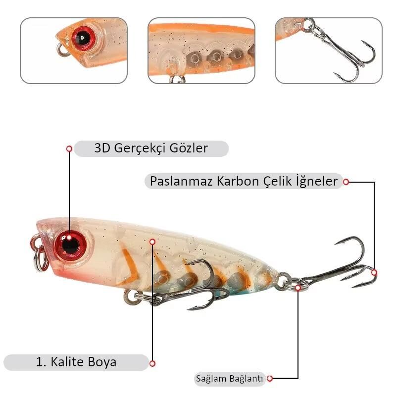 Valkyrie 7 Adet Zıpır Rapala Olta Yem Seti - 4.8cm - 3.8gr Bilyalı 3D Göz Karbon Çelik İğne 7 Farklı Renk