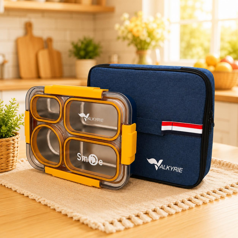 Valkyrie 304 Paslanmaz Çelik 4 Bölmeli Sarı Lunch Box Termal Çantalı – Sızdırmaz Beslenme Kabı, Çatal Kaşık Dahil