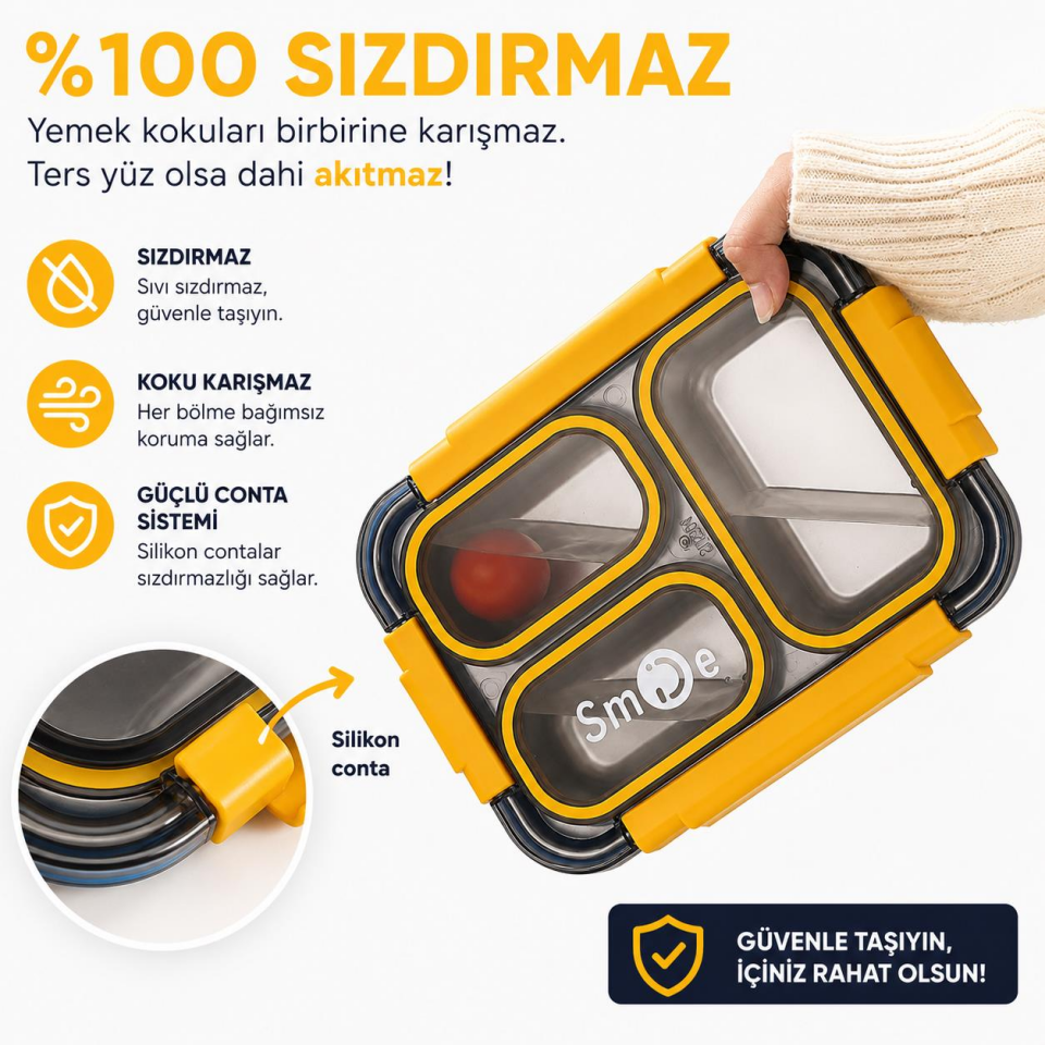 Valkyrie 304 Paslanmaz Çelik 4 Bölmeli Sarı Lunch Box Termal Çantalı – Sızdırmaz Beslenme Kabı, Çatal Kaşık Dahil