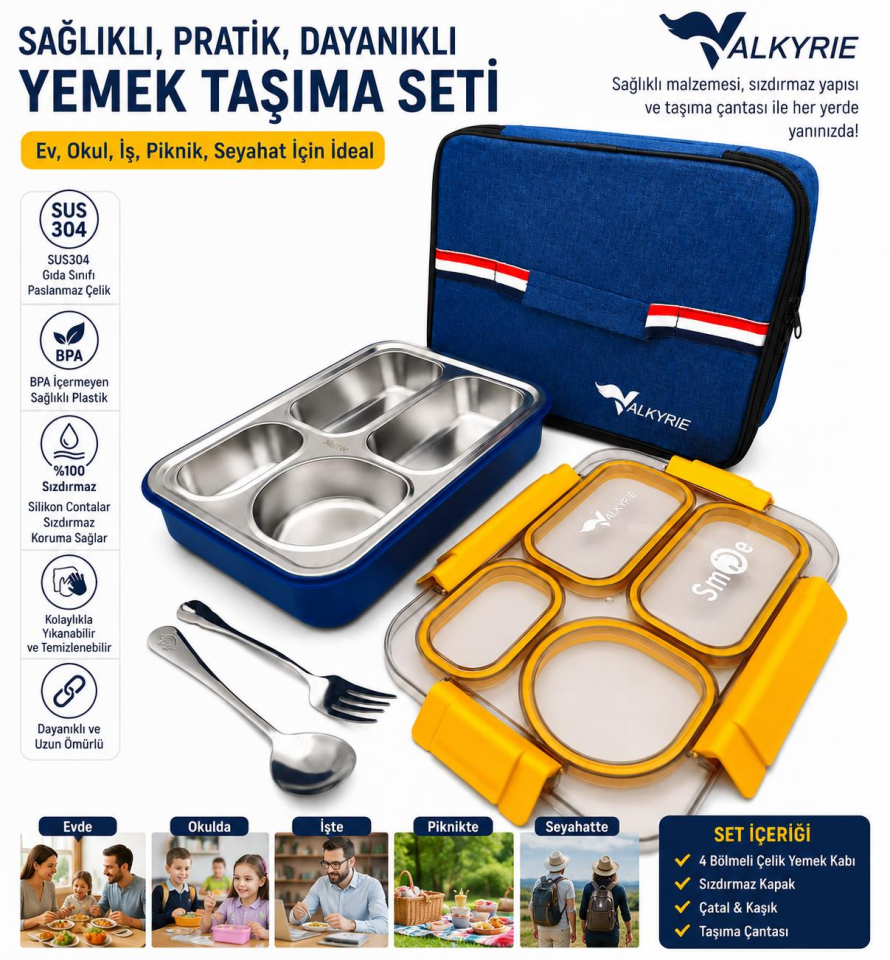 Valkyrie 304 Paslanmaz Çelik 4 Bölmeli Sarı Lunch Box Termal Çantalı – Sızdırmaz Beslenme Kabı, Çatal Kaşık Dahil