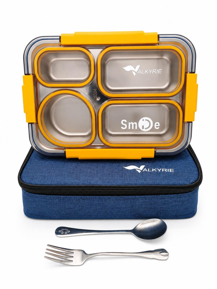 Valkyrie 304 Paslanmaz Çelik 4 Bölmeli Sarı Lunch Box Termal Çantalı – Sızdırmaz Beslenme Kabı, Çatal Kaşık Dahil