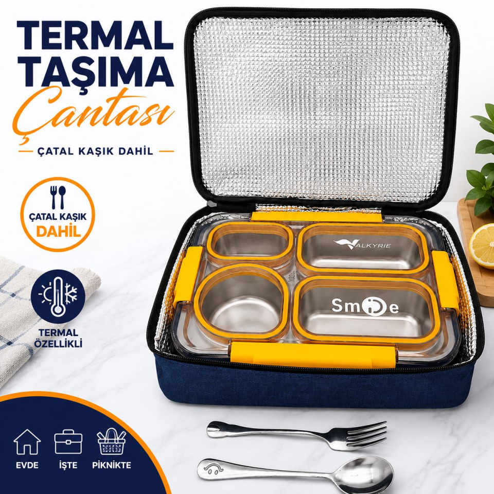 Valkyrie 304 Paslanmaz Çelik 4 Bölmeli Sarı Lunch Box Termal Çantalı – Sızdırmaz Beslenme Kabı, Çatal Kaşık Dahil