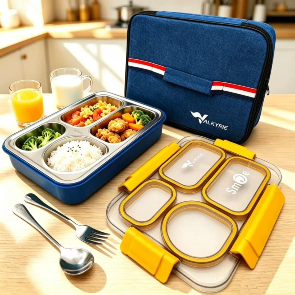 Valkyrie 304 Paslanmaz Çelik 4 Bölmeli Sarı Lunch Box Termal Çantalı – Sızdırmaz Beslenme Kabı, Çatal Kaşık Dahil
