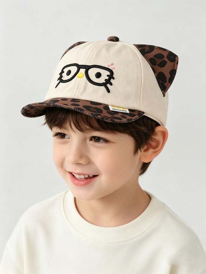 Valkyrie Unisex Çocuk Gözlüklü Kedi Kulaklı Şapka Bej Leopar Desenli Nakışlı Ayarlanır Yazlık Kep