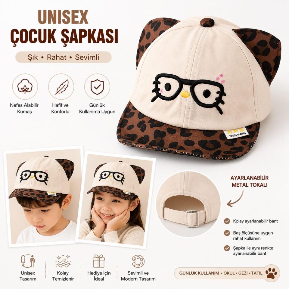 Valkyrie Unisex Çocuk Gözlüklü Kedi Kulaklı Şapka Bej Leopar Desenli Nakışlı Ayarlanır Yazlık Kep