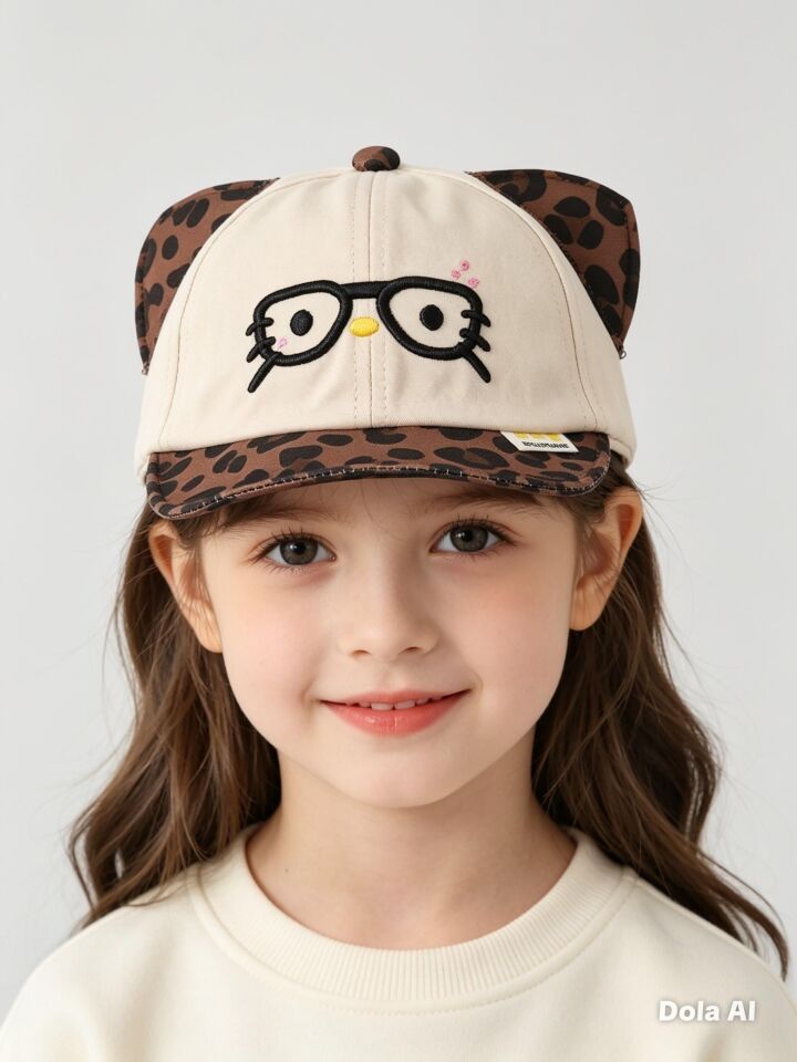 Valkyrie Unisex Çocuk Gözlüklü Kedi Kulaklı Şapka Bej Leopar Desenli Nakışlı Ayarlanır Yazlık Kep