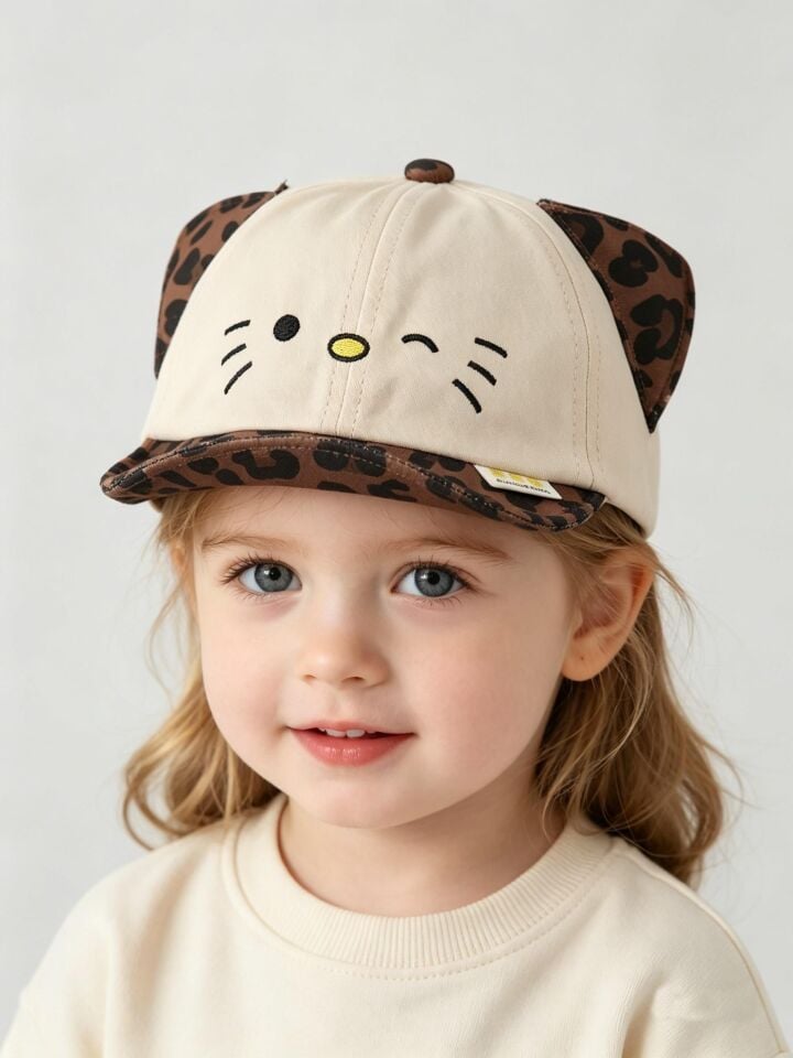 Valkyrie Unisex Çocuk Kedi Nakışlı Kulaklı Bej Şapka Leopar Desenli Ayarlanabilir Yazlık Kep