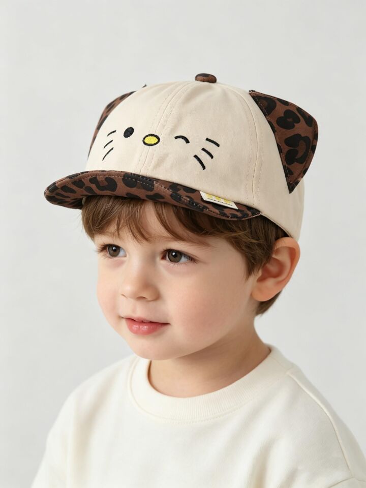 Valkyrie Unisex Çocuk Kedi Nakışlı Kulaklı Bej Şapka Leopar Desenli Ayarlanabilir Yazlık Kep