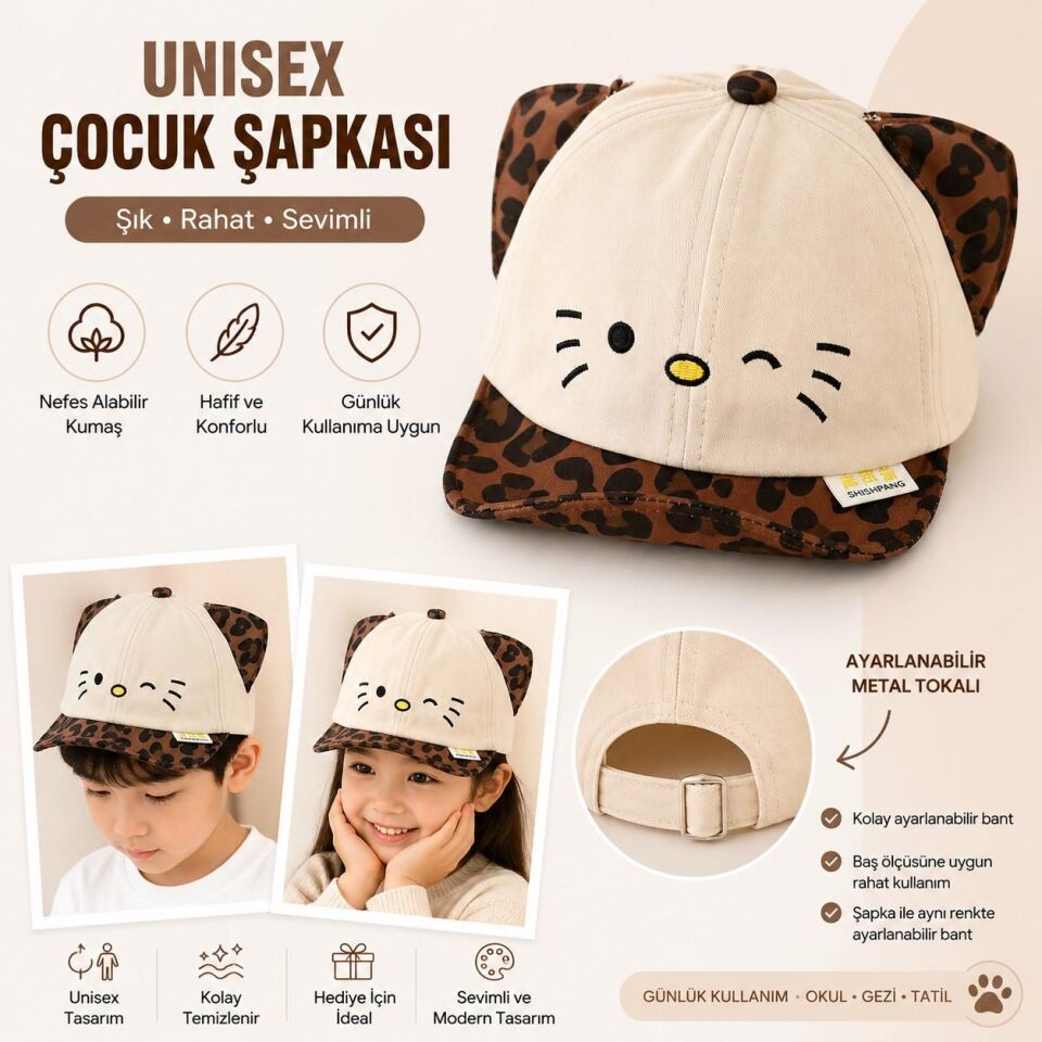 Valkyrie Unisex Çocuk Kedi Nakışlı Kulaklı Bej Şapka Leopar Desenli Ayarlanabilir Yazlık Kep