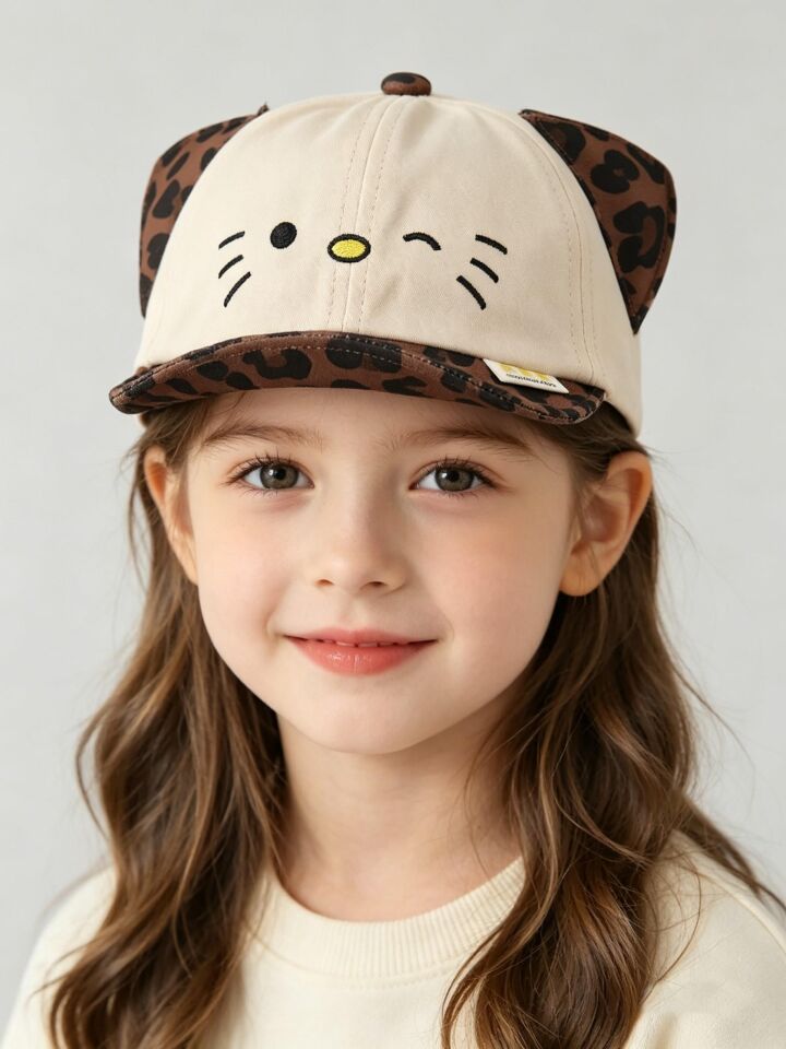 Valkyrie Unisex Çocuk Kedi Nakışlı Kulaklı Bej Şapka Leopar Desenli Ayarlanabilir Yazlık Kep