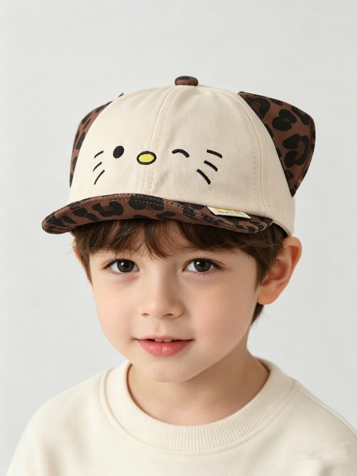 Valkyrie Unisex Çocuk Kedi Nakışlı Kulaklı Bej Şapka Leopar Desenli Ayarlanabilir Yazlık Kep
