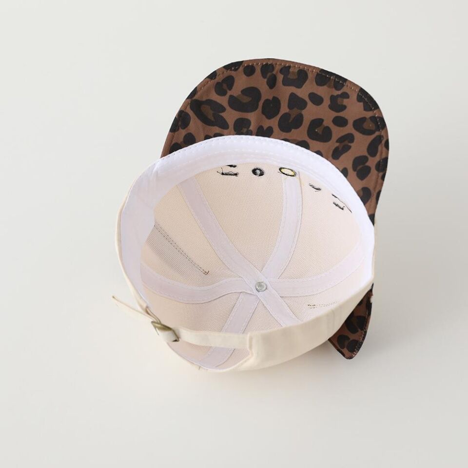 Valkyrie Unisex Çocuk Kedi Nakışlı Kulaklı Bej Şapka Leopar Desenli Ayarlanabilir Yazlık Kep